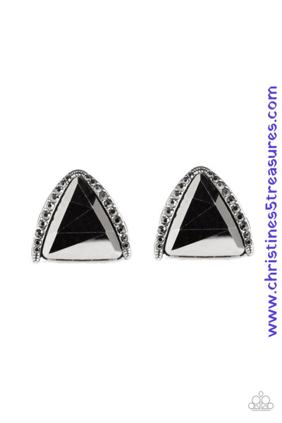 Featuring a regal triangular cut, an oversized hematite gem is nestled in an angled silver frame radiating with dainty hematite rhinestones for a glamorous look. Earring attaches to a standard post fitting. Sold as one pair of post earrings.  P5PO-SVXX-123XX