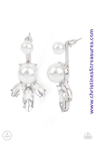 A solitaire white pearl attaches to a double-sided post, designed to fasten behind the ear. Infused with an oversized pearl and white rhinestone fringe, the double sided-post peeks out beneath the ear for a glamorous finish. Earring attaches to a standard post fitting. Sold as one pair of double-sided post earrings.  P5PO-WTXX-211XX