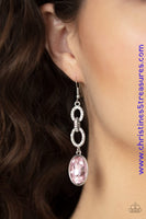 A dramatically oversized pink gem swings from the bottom of white rhinestone encrusted silver links, creating a glamorous lure. Earring attaches to a standard fishhook fitting. Sold as one pair of earrings.  P5RE-PKXX-199XX