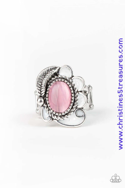 A glowing pink cat's eye stone is pressed into the center of a shimmery silver frame radiating with a silver feather and glistening white petals, creating a whimsical compilation atop the finger. Features a stretchy band for a flexible fit. Sold as one individual ring.  P4WH-PKXX-209XX