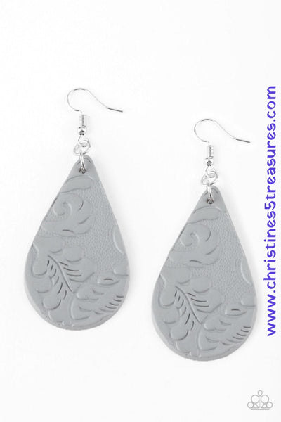 Stamped in a feathery, paisley like pattern, an earthy gray leather teardrop swings from the ear for a seasonal look. Earring attaches to a standard fishhook fitting. Sold as one pair of earrings.  P5SE-SVXX-064XX