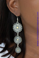 Dotted with dainty yellow beads, rustic silver floral frames gradually decrease in size as they swing from the ear, creating a colorful lure. Earring attaches to a standard fishhook fitting. Sold as one pair of earrings.  P5WH-YWXX-156XX