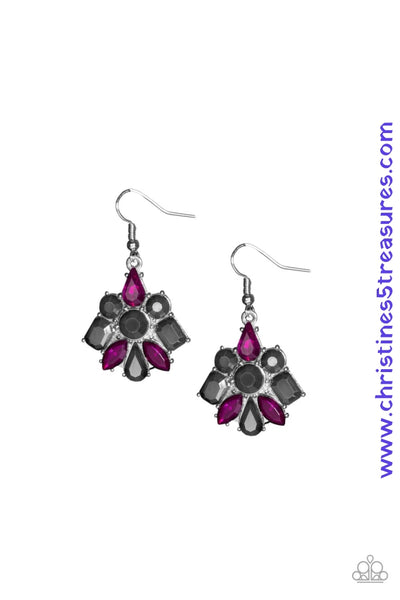 Varying in cut and shimmer, glittery pink and hematite rhinestones coalesce into a blinding lure for a dramatic look. Earring attaches to a standard fishhook fitting. Sold as one pair of earrings.  P5RE-MTXX-060XX