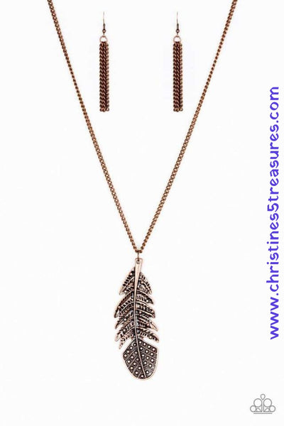 Featuring studded and antiqued textures, a dramatic copper feather pendant swings from the bottom of an elongated copper chain for a free-spirited fashion. Features an adjustable clasp closure. Sold as one individual necklace. Includes one pair of matching earrings.  P2SE-CPXX-080XX