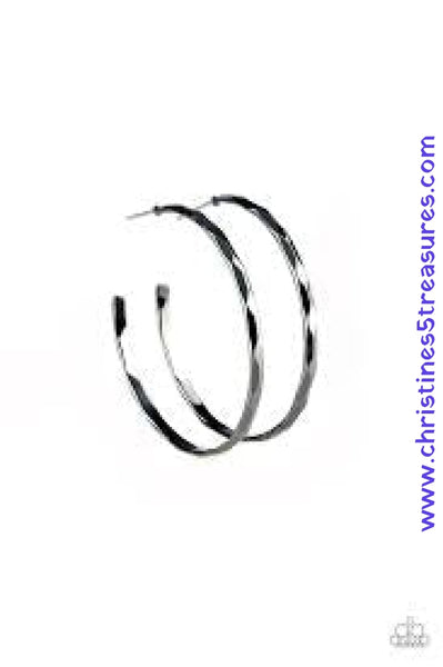 Delicately hammered in shimmery geometrical textures, a skinny gunmetal hoop curls around the ear for an edgy look. Earring attaches to a standard fishhook fitting. Hoop measures 1 3/4" in diameter. Sold as one pair of hoop earrings.  P5HO-BKXX-109XX