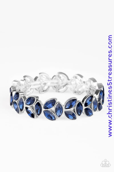 Trios of elegant marquise blue rhinestones delicately join into leafy silver frames along a stretchy band, creating a refined display around the wrist. Sold as one individual bracelet.  P9RE-BLXX-165XX