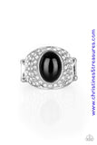 A shiny black bead is pressed into the center of a bold silver band radiating with countless white rhinestones, creating a dramatic statement piece atop the finger. Features a stretchy band for a flexible fit. Sold as one individual ring.  P4RE-BKXX-199XX