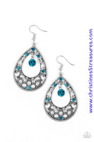 Glistening and studded silver filigree swirls along a shimmery silver frame radiating with glittery blue rhinestones. A sparkling blue rhinestone swings from the top of the frame for a refined finish. Earring attaches to a standard fishhook fitting. Sold as one pair of earrings.  P5RE-BLXX-162XX