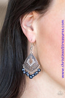 A pearly blue fringe swings from the bottom of an ornate silver frame radiating with glassy white rhinestones for a refined look. Earring attaches to a standard fishhook fitting. Sold as one pair of earrings.  P5RE-BLXX-141XX