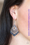 A pearly blue fringe swings from the bottom of an ornate silver frame radiating with glassy white rhinestones for a refined look. Earring attaches to a standard fishhook fitting. Sold as one pair of earrings.  P5RE-BLXX-141XX