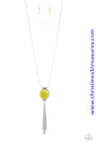Infused with white rhinestone encrusted fittings, a glowing yellow cat's eye stone pendant swings from the bottom of a rounded silver mesh chain for a whimsical look. Features an adjustable clasp closure. Sold as one individual necklace. Includes one pair of matching earrings.  P2RE-YWXX-067XX
