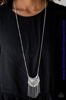 Radiating in linear textures, a glistening silver crescent swings from the bottom of a lengthened silver chain. Shimmery silver chains and flared silver beading swings from the bottom of the tribal inspired pendant, creating a flirtatious fringe. Features an adjustable clasp closure. Sold as one individual necklace. Includes one pair of matching earrings.   P2TR-SVXX-097XX
