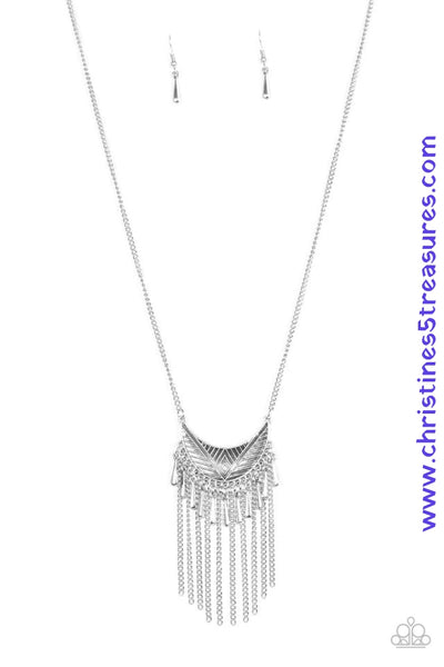 Radiating in linear textures, a glistening silver crescent swings from the bottom of a lengthened silver chain. Shimmery silver chains and flared silver beading swings from the bottom of the tribal inspired pendant, creating a flirtatious fringe. Features an adjustable clasp closure. Sold as one individual necklace. Includes one pair of matching earrings.   P2TR-SVXX-097XX