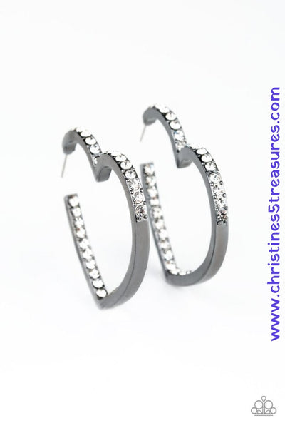 Encrusted in sections of glittery white rhinestones, a glistening gunmetal hoop curls into a charming heart shape for a heart-stopping look. Earring attaches to a standard post fitting. Hoop measures approximately 2" in diameter. Sold as one pair of hoop earrings. P5HO-BKXX-159XX