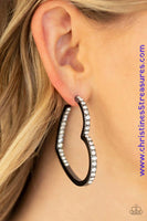 Encrusted in sections of glittery white rhinestones, a glistening gunmetal hoop curls into a charming heart shape for a heart-stopping look. Earring attaches to a standard post fitting. Hoop measures approximately 2" in diameter. Sold as one pair of hoop earrings. P5HO-BKXX-159XX