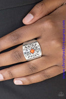 Stamped in arrow-like patterns, a thick silver band wraps across the finger. A faceted orange bead adorns the center of the band, adding a colorful finish to the tribal inspired palette. Features a stretchy band for a flexible fit. Sold as one individual ring.  P4TR-OGXX-039XX