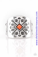 Stamped in arrow-like patterns, a thick silver band wraps across the finger. A faceted orange bead adorns the center of the band, adding a colorful finish to the tribal inspired palette. Features a stretchy band for a flexible fit. Sold as one individual ring.  P4TR-OGXX-039XX
