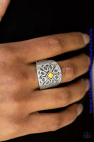 Stamped in arrow-like patterns, a thick silver band wraps across the finger. A faceted yellow bead adorns the center of the band, adding a colorful finish to the tribal inspired palette. Features a stretchy band for a flexible fit. Sold as one individual ring.  P4TR-YWXX-042XX