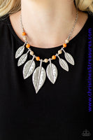 Featuring lifelike detail, hammered silver leaf frames are threaded along an invisible wire below the collar. Infused with refreshing orange and brown stone beads, the leafy frames gradually increase in size for an artisan inspired finish. Features an adjustable clasp closure. Sold as one individual necklace. Includes one pair of matching earrings.  P2SE-MTXX-171XX