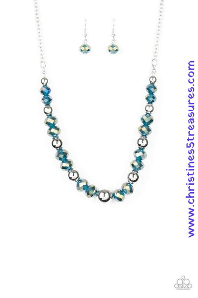 A glittery collection of metallic blue crystal-like beads and shiny silver beads are threaded along an invisible wire below the collar for a refined flair. Features an adjustable clasp closure. Sold as one individual necklace. Includes one pair of matching earrings.  P2RE-BLXX-286XX
