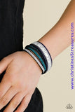 Encrusted in mismatched sparkle, half of a blue suede band is encrusted in white emerald style cut rhinestones, while the other half splits into three separate bands encrusted in white and blue rhinestones for a sassy look. The elongated band allows for a trendy double wrap design. Features an adjustable snap closure. Sold as one individual bracelet.  P9DI-URBL-042XX