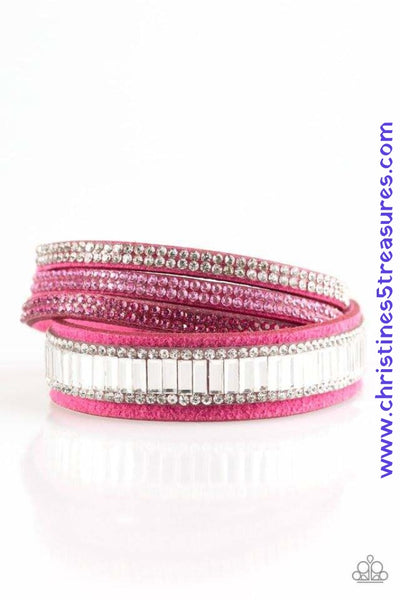Encrusted in mismatched sparkle, half of a pink suede band is encrusted in white emerald style cut rhinestones, while the other half splits into three separate bands encrusted in white and pink rhinestones for a sassy look. The elongated band allows for a trendy double wrap design. Features an adjustable snap closure. Sold as one individual bracelet.   P9DI-URPK-032XX