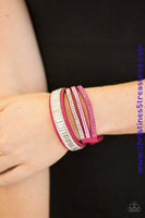 Encrusted in mismatched sparkle, half of a pink suede band is encrusted in white emerald style cut rhinestones, while the other half splits into three separate bands encrusted in white and pink rhinestones for a sassy look. The elongated band allows for a trendy double wrap design. Features an adjustable snap closure. Sold as one individual bracelet.   P9DI-URPK-032XX