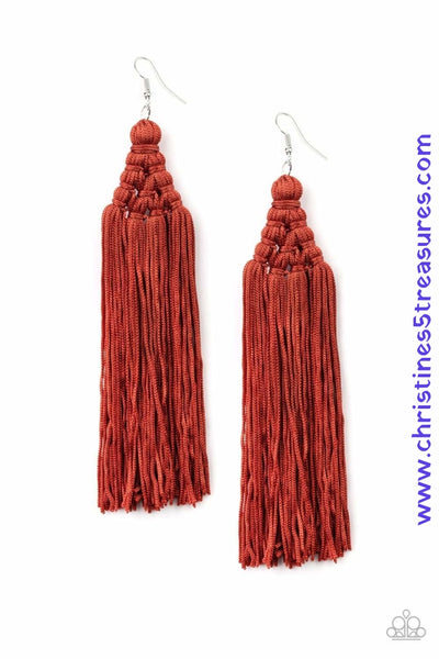 Woven into an intricate frame, shiny Cinnamon Stick tassels stream from the ear, creating a majestic fringe. Earring attaches to a standard fishhook fitting. Sold as one pair of earrings.  P5ST-BNXX-003XX