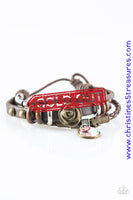 Strands of braided and skinny leather bands layer across the wrist. Infused with shiny metal and earthy wooden accents, a charming brass rosebud and colorful butterfly charm are added for a whimsical finish. Features an adjustable sliding knot closure. Sold as one individual bracelet.  P9UR-BNXX-231XX