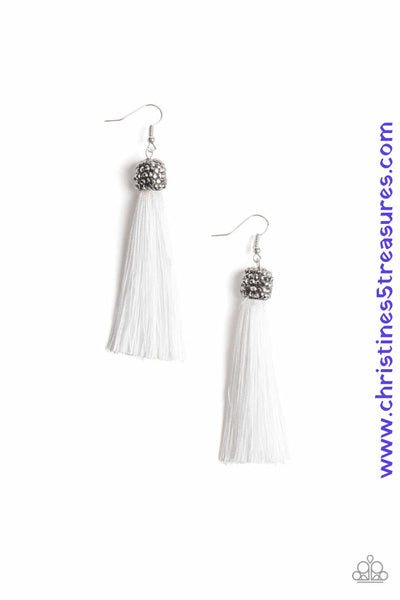 Encrusted in row after row of hematite rhinestones, a glittery gunmetal bead gives way to a plume of shiny white thread for an elegantly tasseled look. Earring attaches to a standard fishhook fitting. Sold as one pair of earrings. P5ST-WTXX-003XX