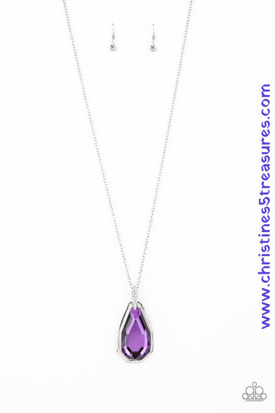 A dramatically oversized purple gem and edgy silver frame swing from a glassy white rhinestone fitting at the bottom of a lengthened silver chain for a glamorous look. Features an adjustable clasp closure. Sold as one individual necklace. Includes one pair of matching earrings.  P2RE-PRXX-181XX