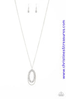 Ringed in a studded silver frame, glittery white rhinestones collect into glamorous pendant at the bottom of a lengthened silver chain for a refined flair. Features an adjustable clasp closure. Sold as one individual necklace. Includes one pair of matching earrings.  P2RE-WTXX-355EL