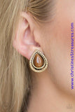 Encrusted in golden topaz rhinestones, a radiant brass ribbon spins around a glowing brown moonstone center, creating a refined teardrop. Earring attaches to a standard clip-on fitting. Sold as one pair of clip-on earrings.  P5CO-BRXX-010XX