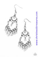 Glittery white rhinestones are sprinkled along stacked silver frames, creating an elegant lure. Matching white rhinestones swing from the bottom of the elaborate lure, adding a glamorous finish to the regal palette. Earring attaches to a standard fishhook fitting. Sold as one pair of earrings.  P5RE-WTXX-312XX