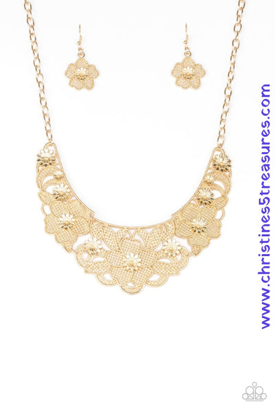 Featuring lattice-like patterns, shimmery gold flowers bloom below the collar for a seasonal look. Features an adjustable clasp closure. Sold as one individual necklace. Includes one pair of matching earrings.  P2WH-GDXX-121XX
