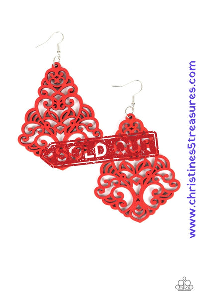Painted in a robust red finish, an airy wooden frame swirling with filigree detail swings from the ear for a seasonal look. Earring attaches to a standard fishhook fitting. Sold as one pair of earrings.  P5SE-RDXX-108XX
