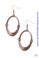 Etched in circular textures, a shimmery copper oval is encrusted in dainty topaz frames for an edgy look. Earring attaches to a standard fishhook fitting. Sold as one pair of earrings.  P5TR-CPXX-077XX