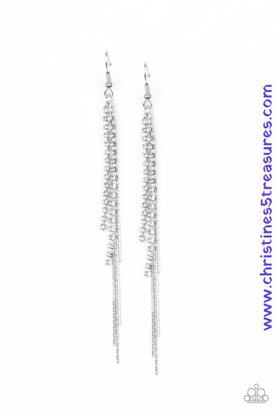 Strands of glittery white rhinestones and dainty silver chains stream from the ear, coalescing into a refined tassel. Earring attaches to a standard fishhook fitting. Sold as one pair of earrings.  P5RE-WTXX-442XX