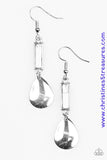 Chiseled into a rectangle, an earthy white stone is pressed into a sleek silver frame. A shimmery silver teardrop swings from the bottom of the stone frame, creating a seasonal lure. Earring attaches to a standard fishhook fitting. Sold as one pair of earrings.  P5SE-WTXX-070XX