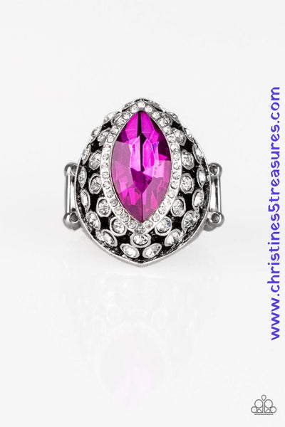 Featuring a regal marquise style cut, a pink rhinestone is pressed into the center of a silver frame radiating with glittery white rhinestones for a blinding finish. Features a stretchy band for a flexible fit. Sold as one individual ring.  P4RE-PKXX-178XX