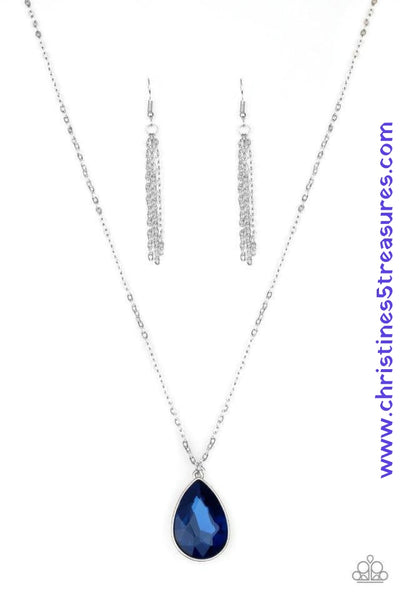 Featuring a sleek silver frame, a dramatic teardrop gem swings below the collar for a glamorous look. Features an adjustable clasp closure. Sold as one individual necklace. Includes one pair of matching earrings.  P2RE-BLXX-272XX