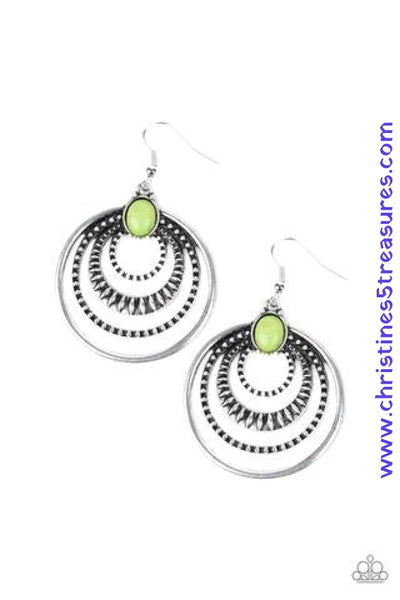 Textured silver hoops ripple from an energetic green stone, creating a dizzying frame. Earring attaches to a standard fishhook fitting. Sold as one pair of earrings.  P5SE-GRXX-066XX