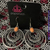 Textured silver hoops ripple from an energetic orange stone, creating a dizzying frame. Earring attaches to a standard fishhook fitting. Sold as one pair of earrings.  P5SE-OGXX-096XX