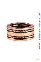 Featuring a double row of metallic rope-like patterns, a thick copper band curls around the finger for a rustic look. Features a stretchy band for a flexible fit. Sold as one individual ring.  P4MN-URCP-007XX