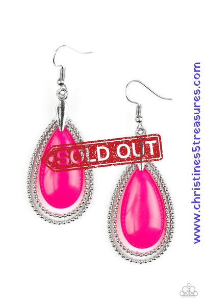 A vibrant pink teardrop bead attaches to a studded silver frame. The colorful frame swings from the top of a matching studded teardrop, creating an airy double lure for a seasonal look. Earring attaches to a standard fishhook fitting. Sold as one pair of earrings.  P5WH-PKXX-150XX