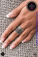 2021 April Fashion Fix - Simply Santa Fe  Layers of texture - from rows of dots to twisted ropes to high sheen hammered silver - stack together in a bold display. Features a stretchy band for a flexible fit. Sold as one individual ring.  P4BA-SVXX-044ZW