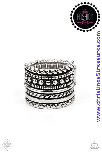 2021 April Fashion Fix - Simply Santa Fe  Layers of texture - from rows of dots to twisted ropes to high sheen hammered silver - stack together in a bold display. Features a stretchy band for a flexible fit. Sold as one individual ring.  P4BA-SVXX-044ZW