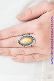 A sunny yellow stone is pressed into the center of an abstract silver frame featuring studded and serrated textures for a seasonal look. Features a stretchy band for a flexible fit. Sold as one individual ring.  P4SE-YWXX-046XX