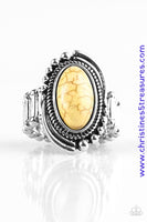 A sunny yellow stone is pressed into the center of an abstract silver frame featuring studded and serrated textures for a seasonal look. Features a stretchy band for a flexible fit. Sold as one individual ring.  P4SE-YWXX-046XX