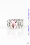 White rhinestone encrusted frames and shiny silver frames link across the finger, coalescing into an airy band. A glittery pink rhinestone is pressed into the center of the band for a glamorous finish. Features a stretchy band for a flexible fit. Sold as one individual ring.  P4RE-PKXX-179XX